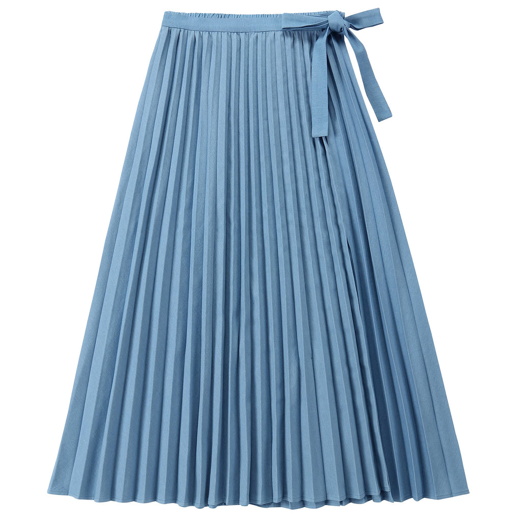 Light Blue Denim Pleated Wrap Maxi Skirt