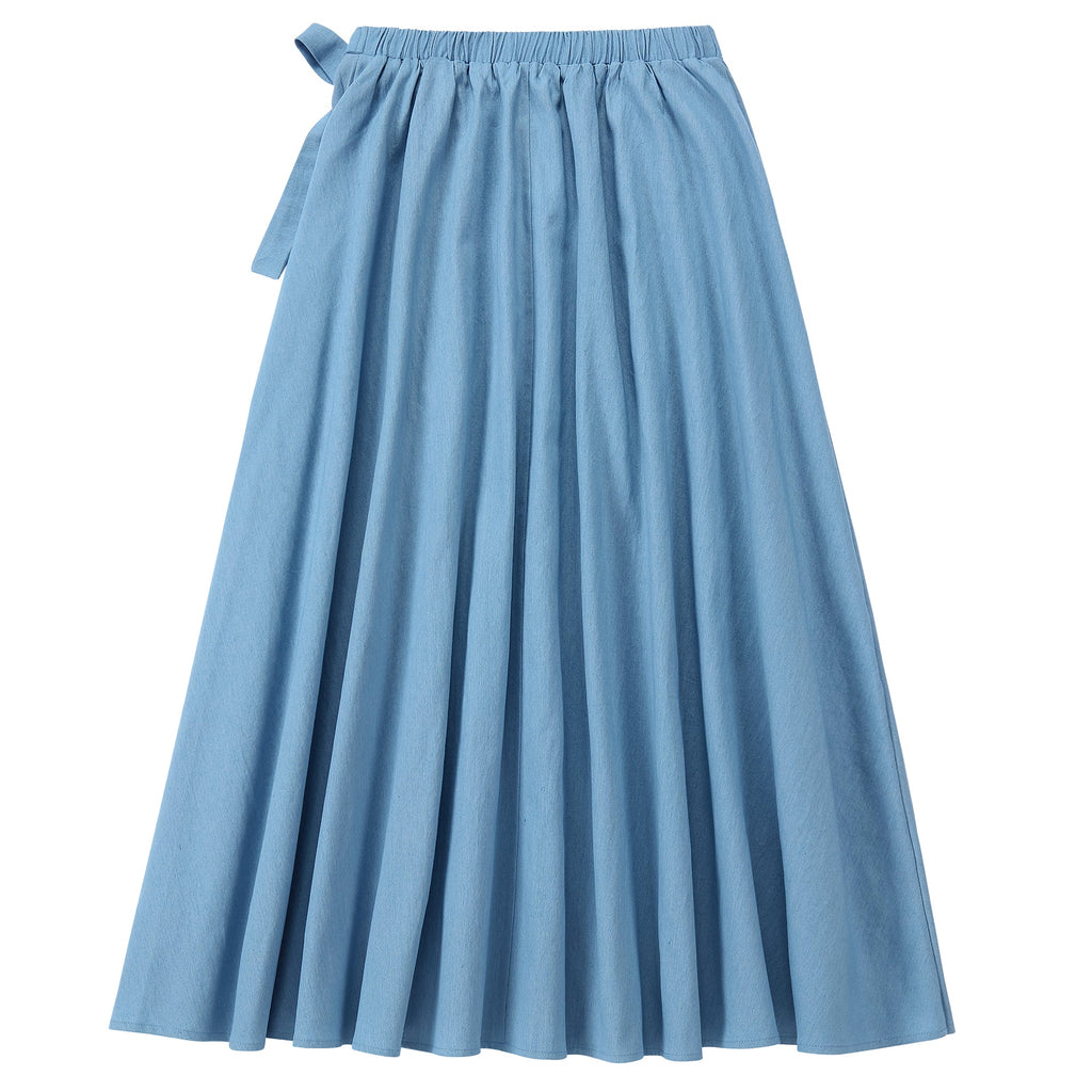 Light Blue Denim Pleated Wrap Maxi Skirt