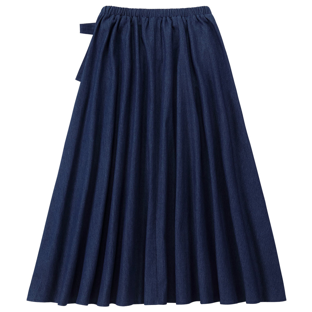 Dark Blue Denim Pleated Wrap Maxi Skirt