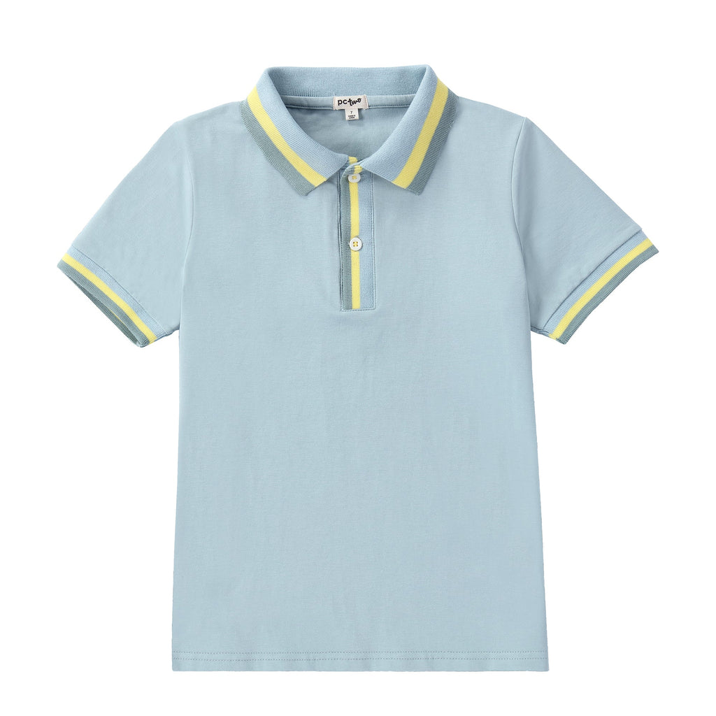 Light Blue Polo with Green and Yellow Ribbing Detail