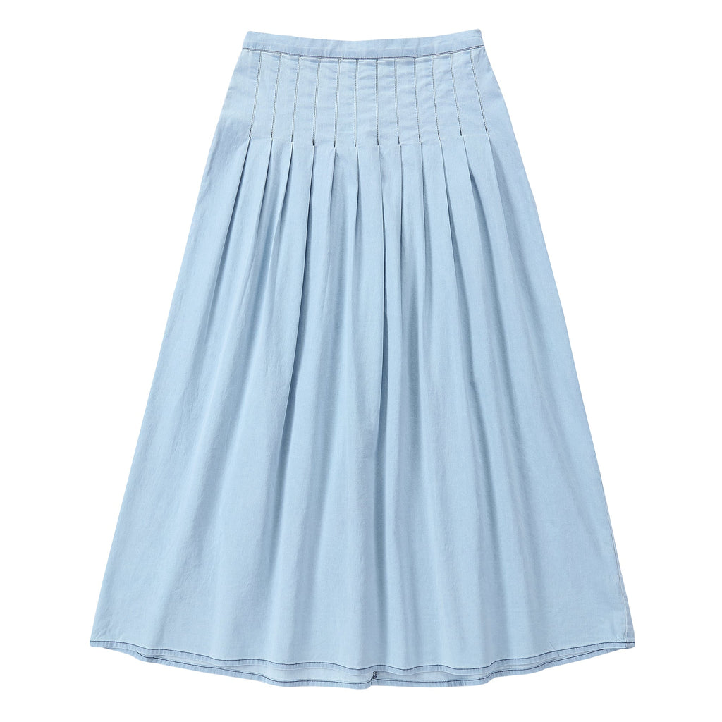 Light Blue Denim Maxi Skirt with Pleated Detail