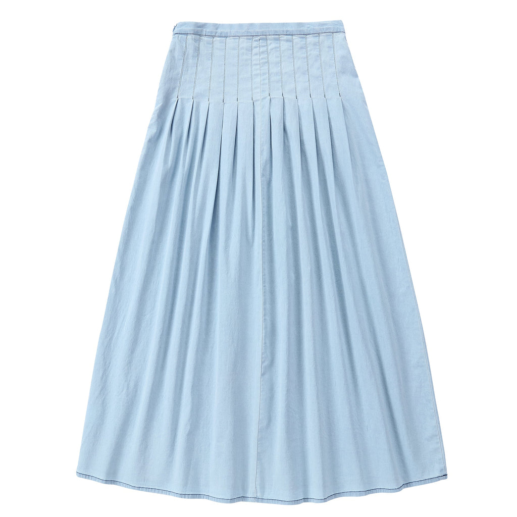 Light Blue Denim Maxi Skirt with Pleated Detail