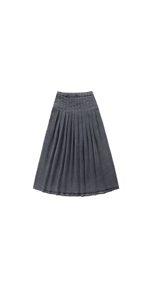 Grey Denim Maxi Skirt with Pleated Detail