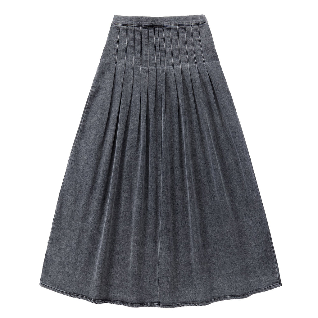 Grey Denim Maxi Skirt with Pleated Detail