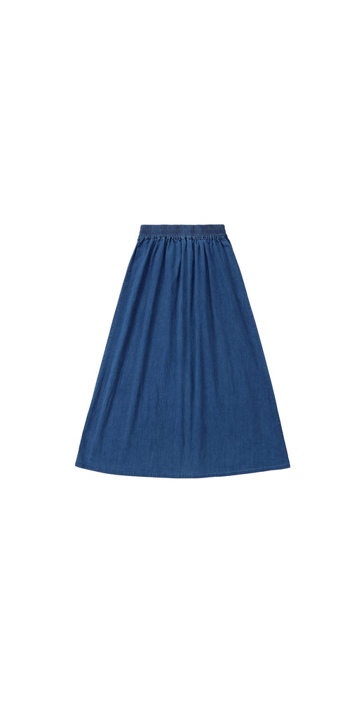 Denim Shirred Waist Maxi Skirt