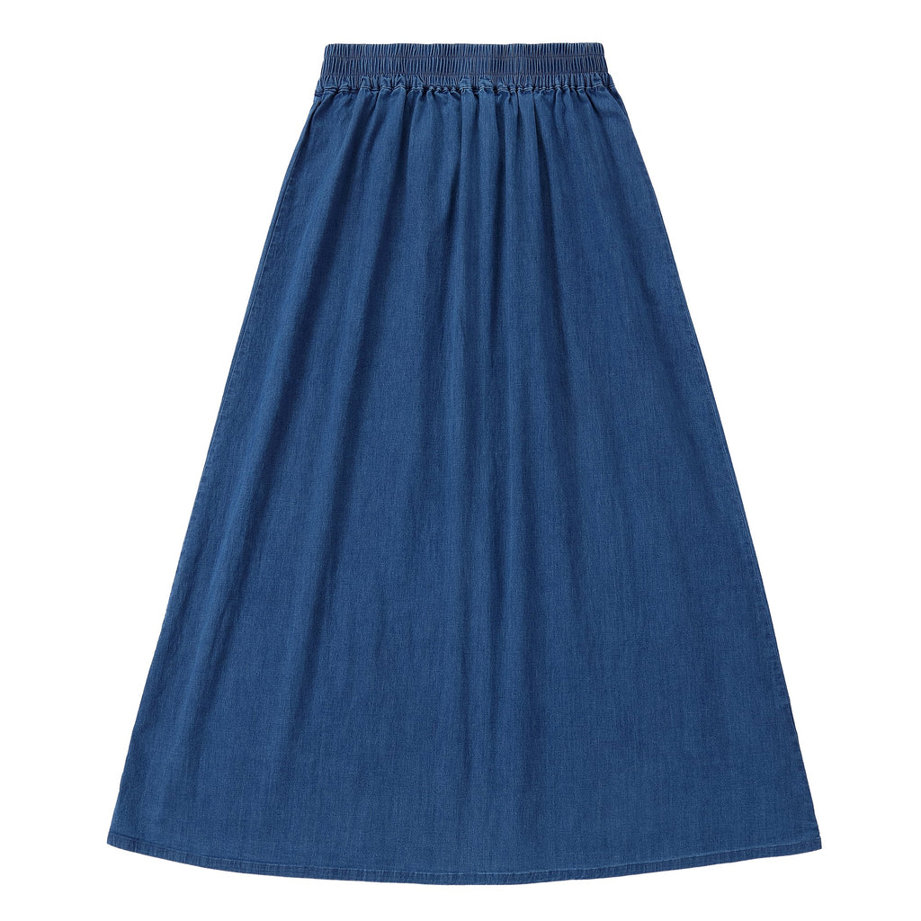 Denim Shirred Waist Maxi Skirt