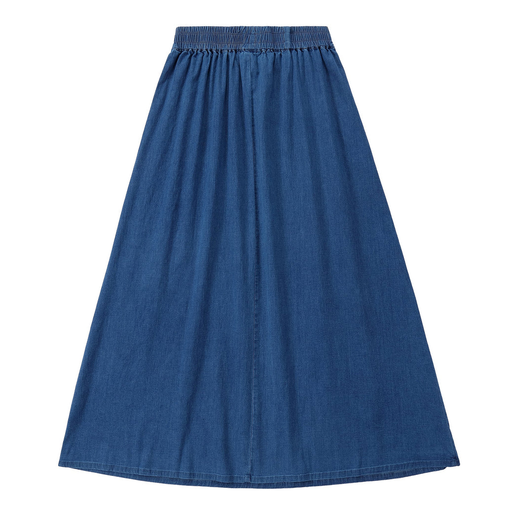 Denim Shirred Waist Maxi Skirt