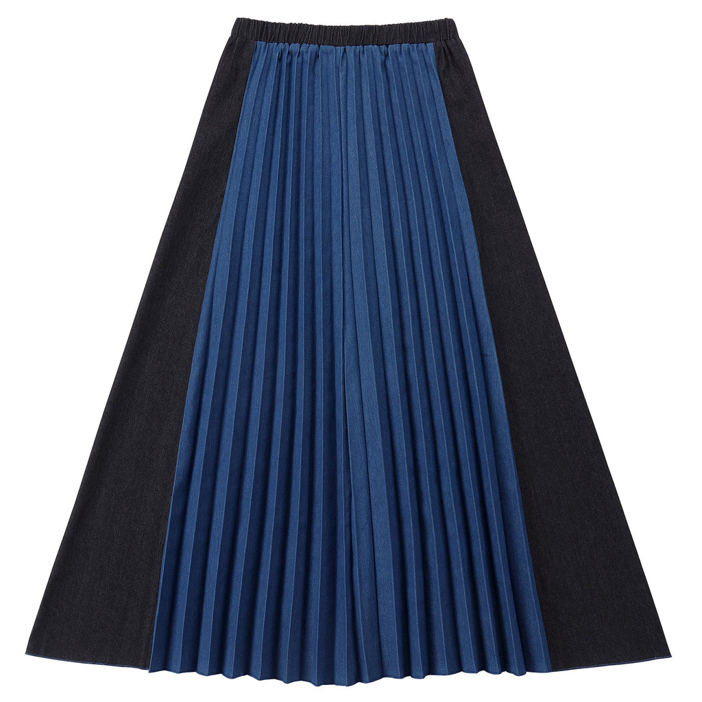 Blue and Black Denim Pleated Maxi Skirt