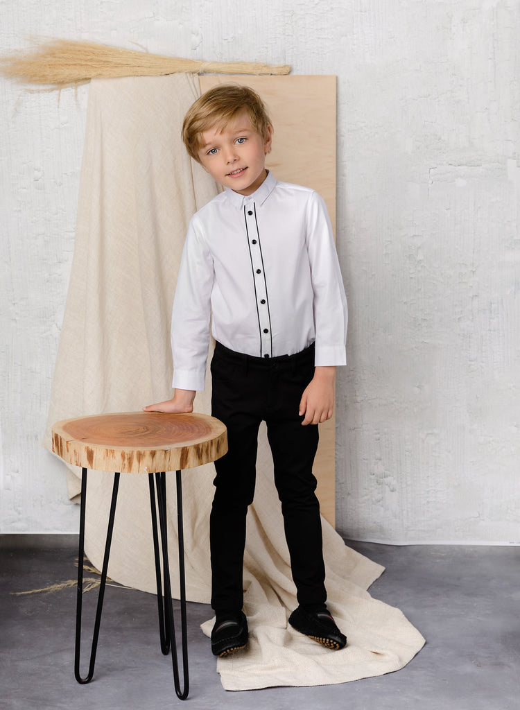 Boys White Shirt with Black Piping Detail