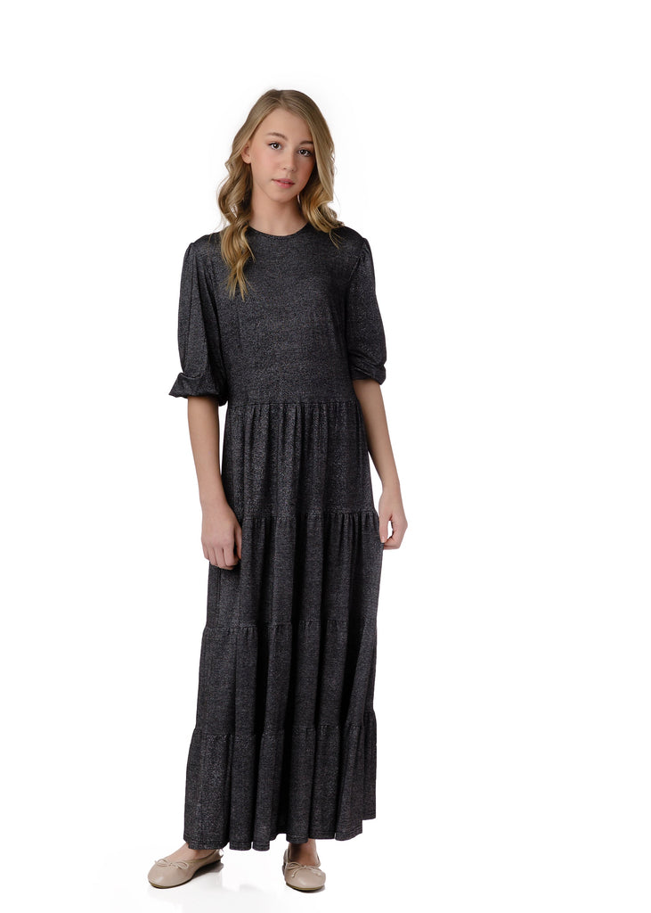Black Sparkle Maxi Dress with Shirred Cuff Detail