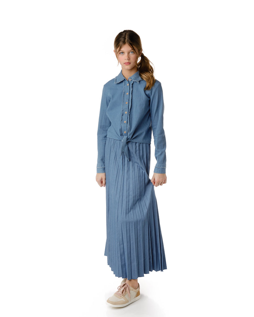 Denim Pleated Maxi Skirt