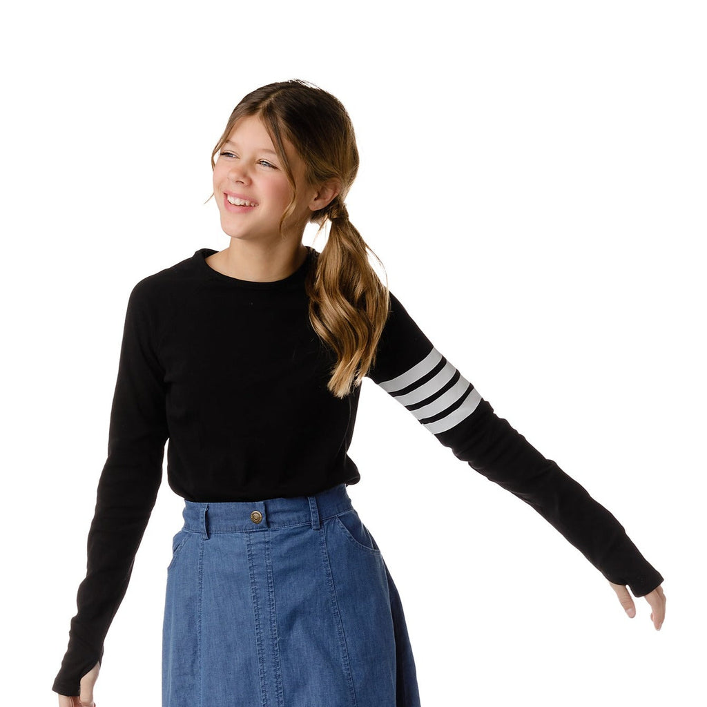 Teens Black Long Sleeve T-shirt with White Stripe Details