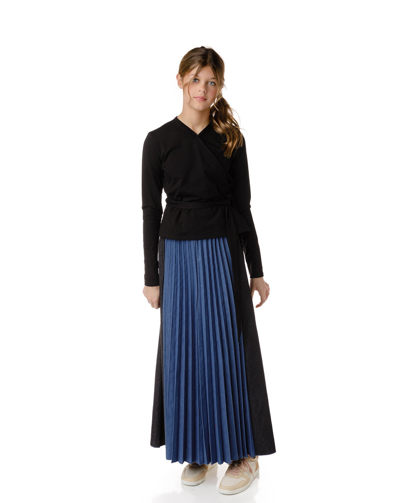 Blue and Black Denim Pleated Maxi Skirt