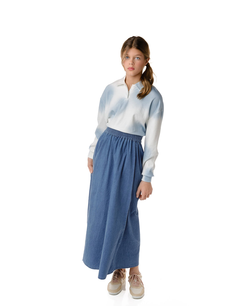 Denim Shirred Waist Maxi Skirt