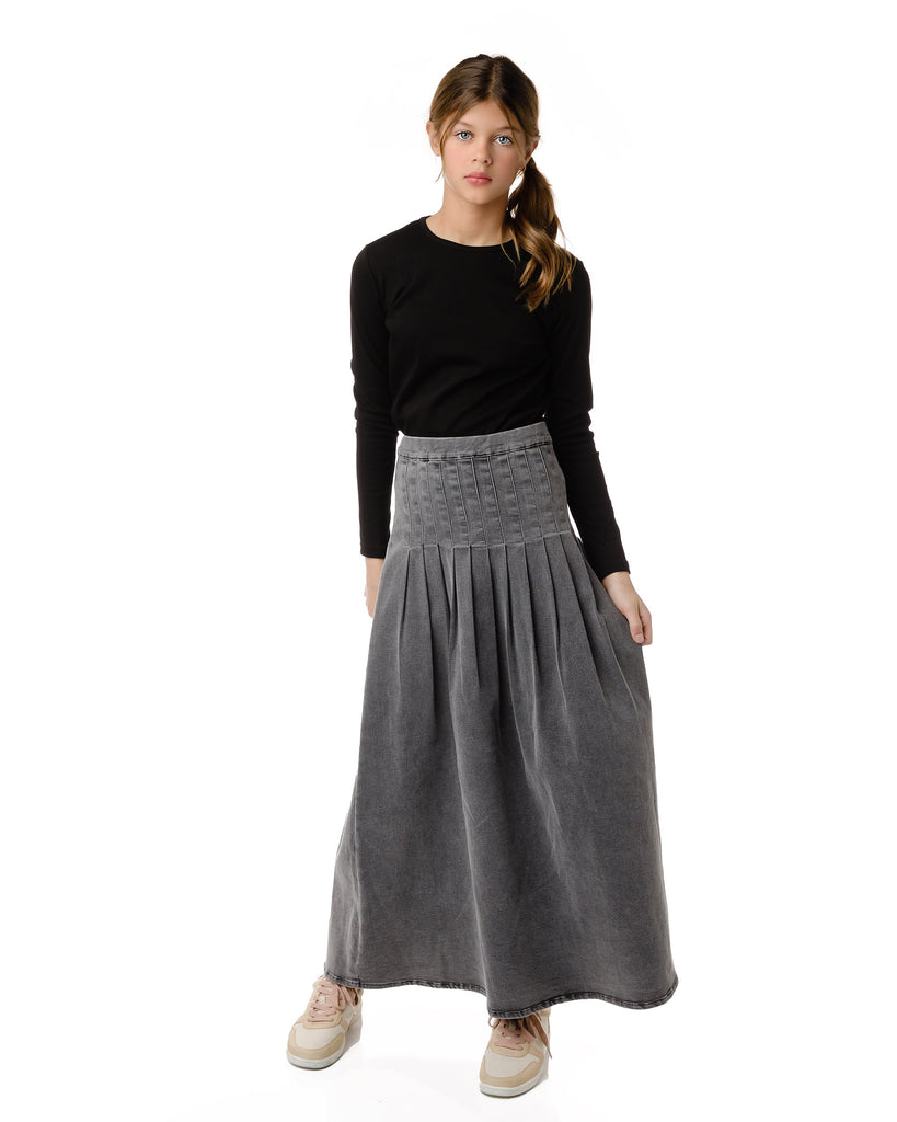 Grey Denim Maxi Skirt with Pleated Detail