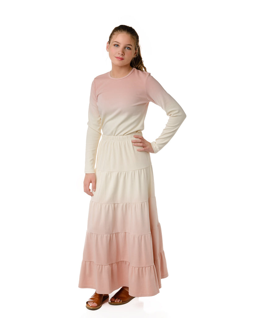 Teens Light Tan and Dusty Rose Dip Dye Tiered Maxi Skirt
