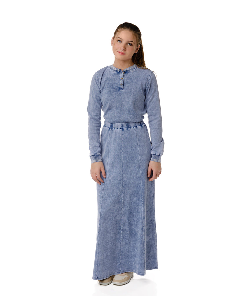 Light Stretch Denim Paneled Maxi Skirt