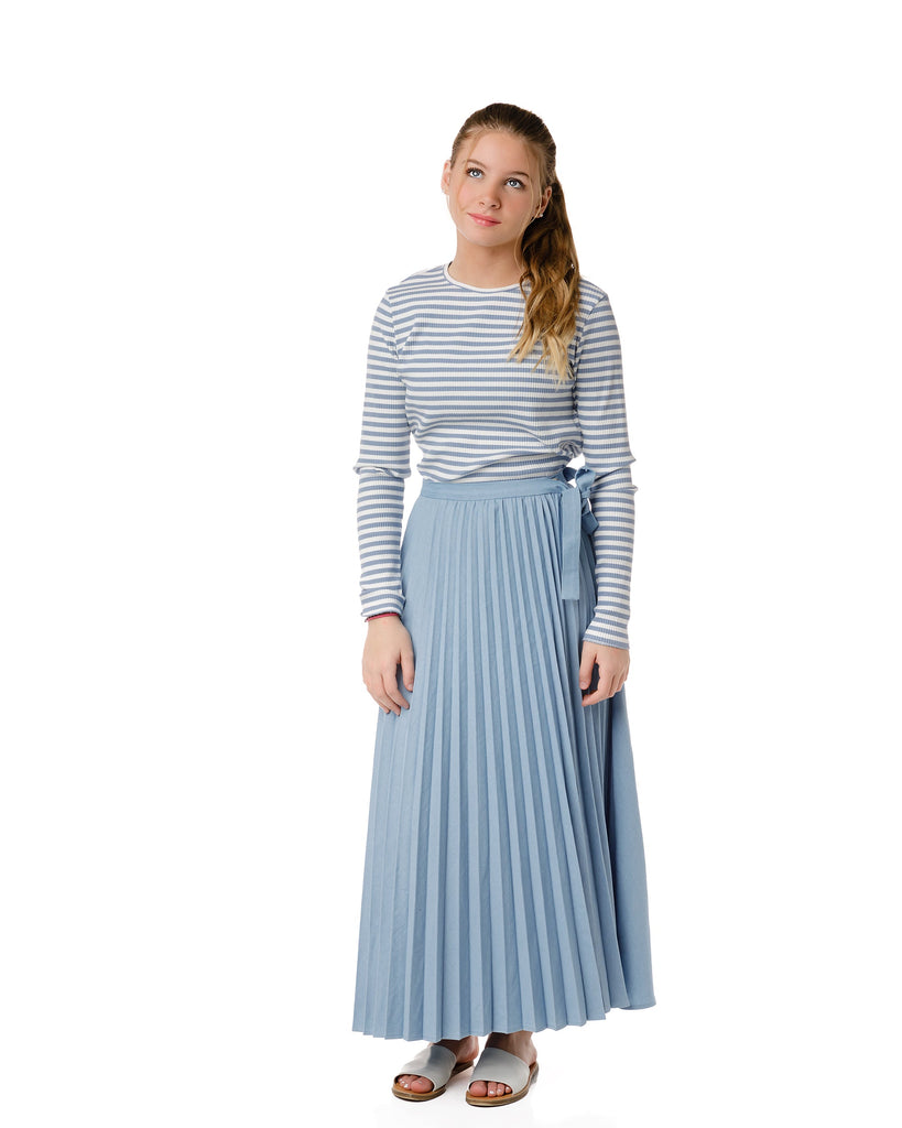 Light Blue Denim Pleated Wrap Maxi Skirt