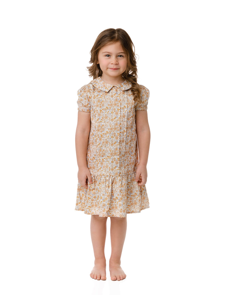 Tan Floral Pleated Detail Collared Dress