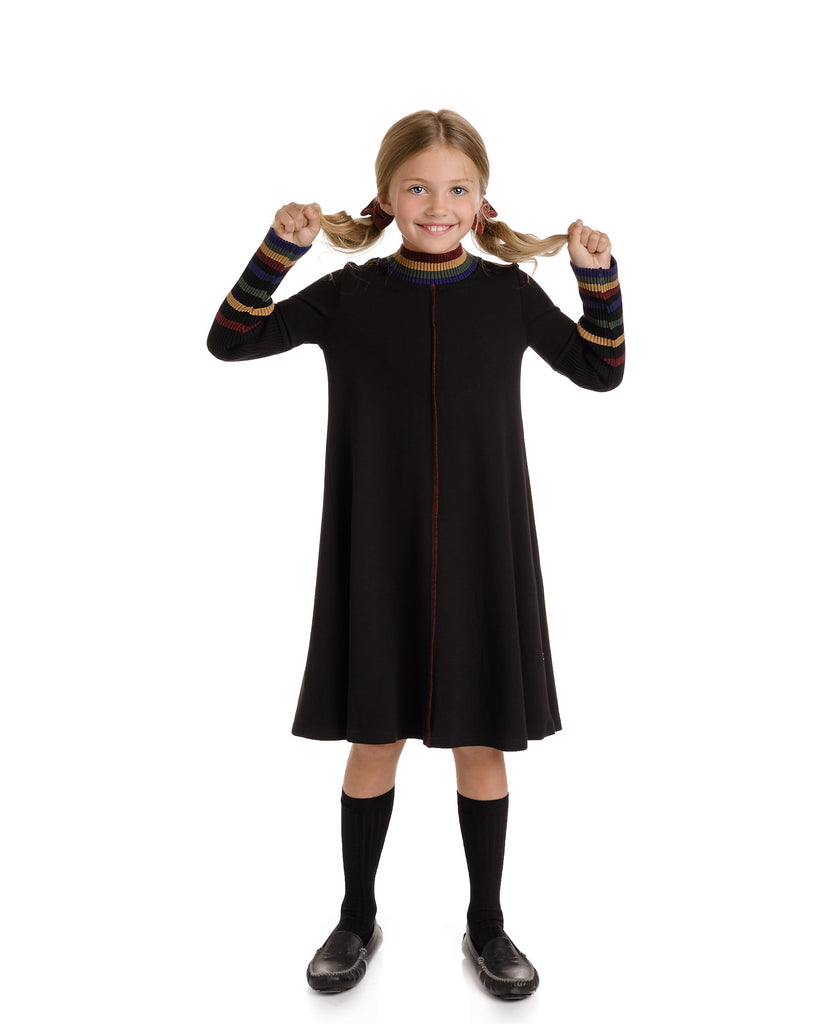 Black Swing Dress with Multi Color Sweater Ribbing