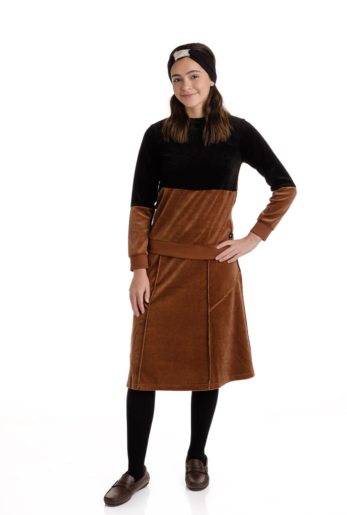 Brown Velour Paneled A-line Skirt