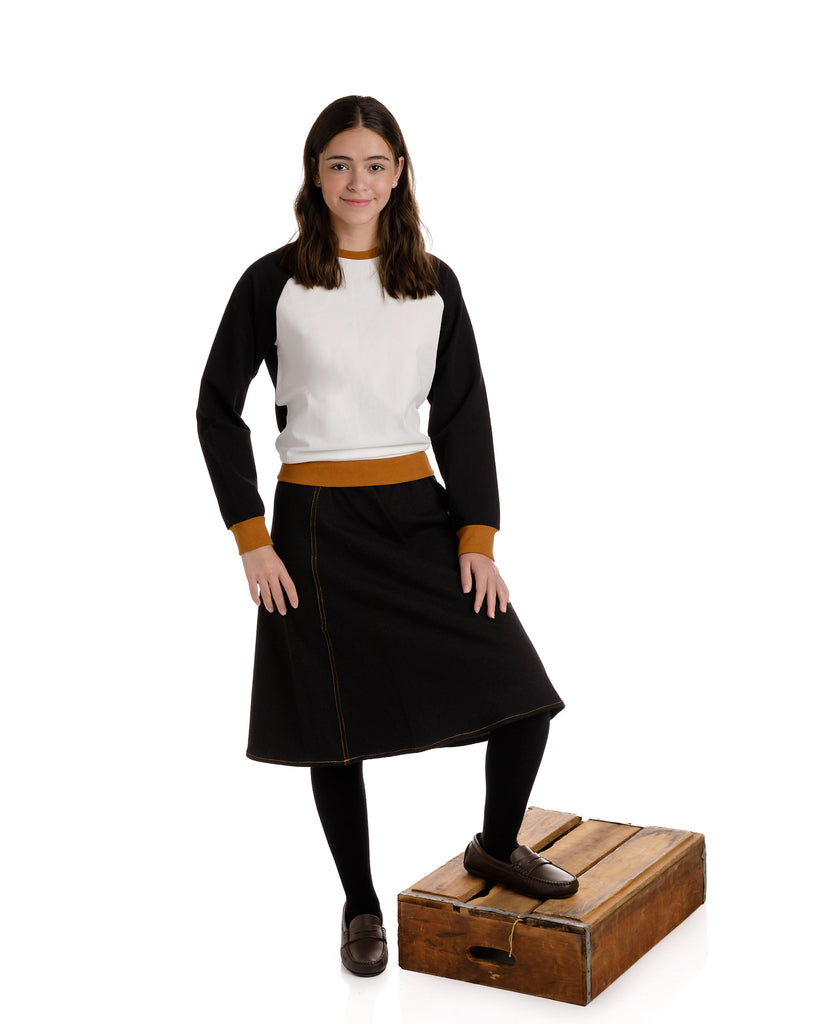 Black Denim Skirt with Brown Stitching