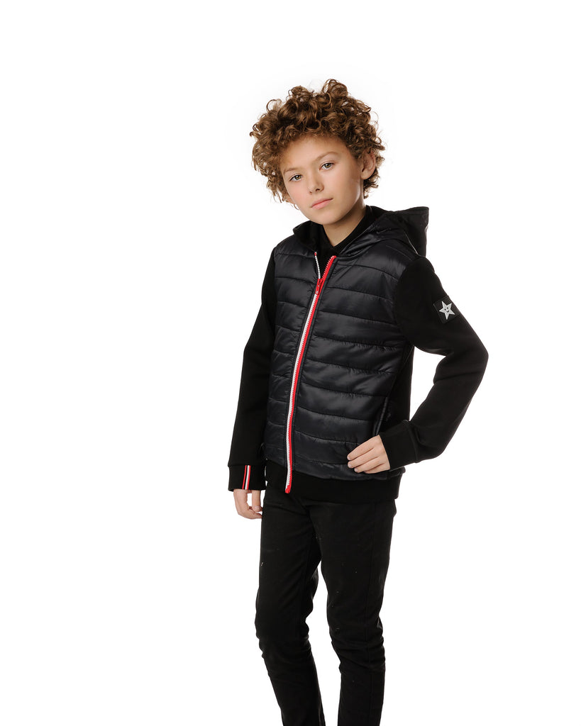Black Puffer Jacket With Red And White Zipper
