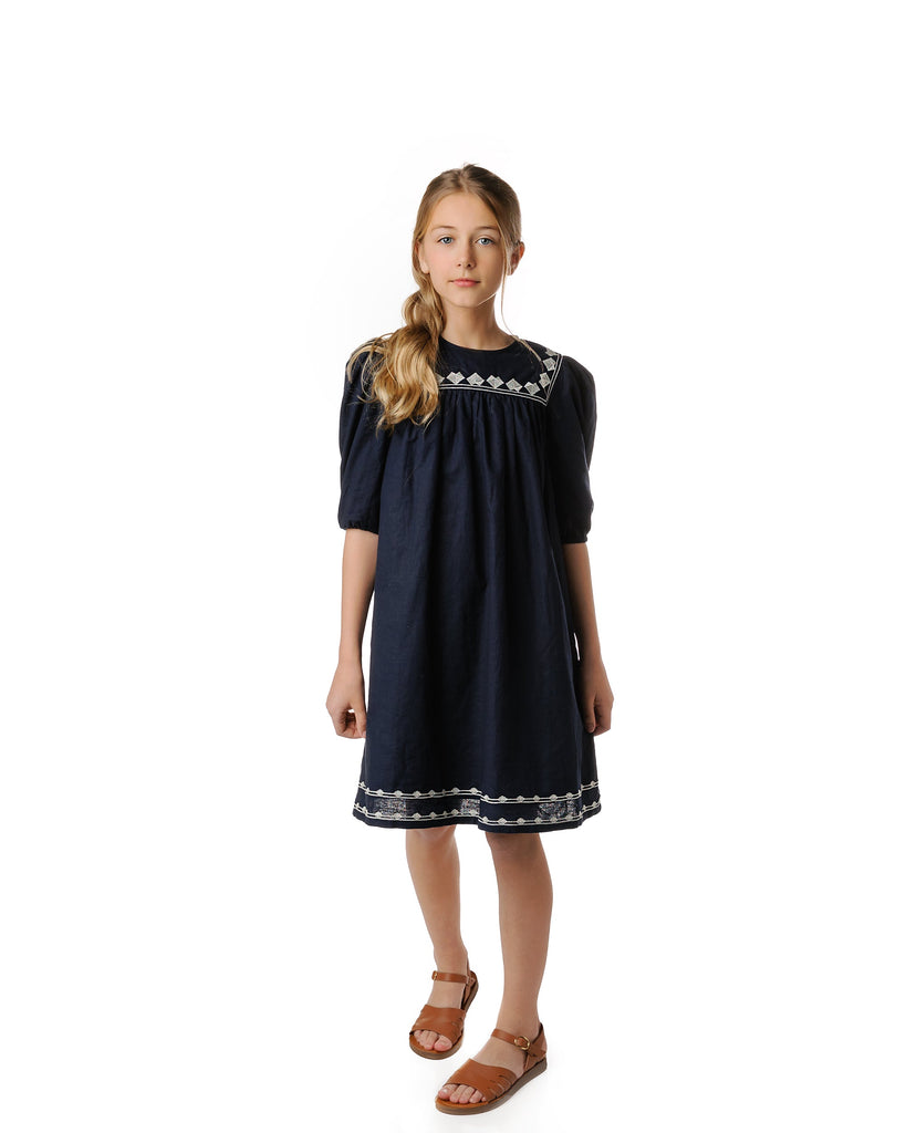 Navy Linen Embroidered Dress