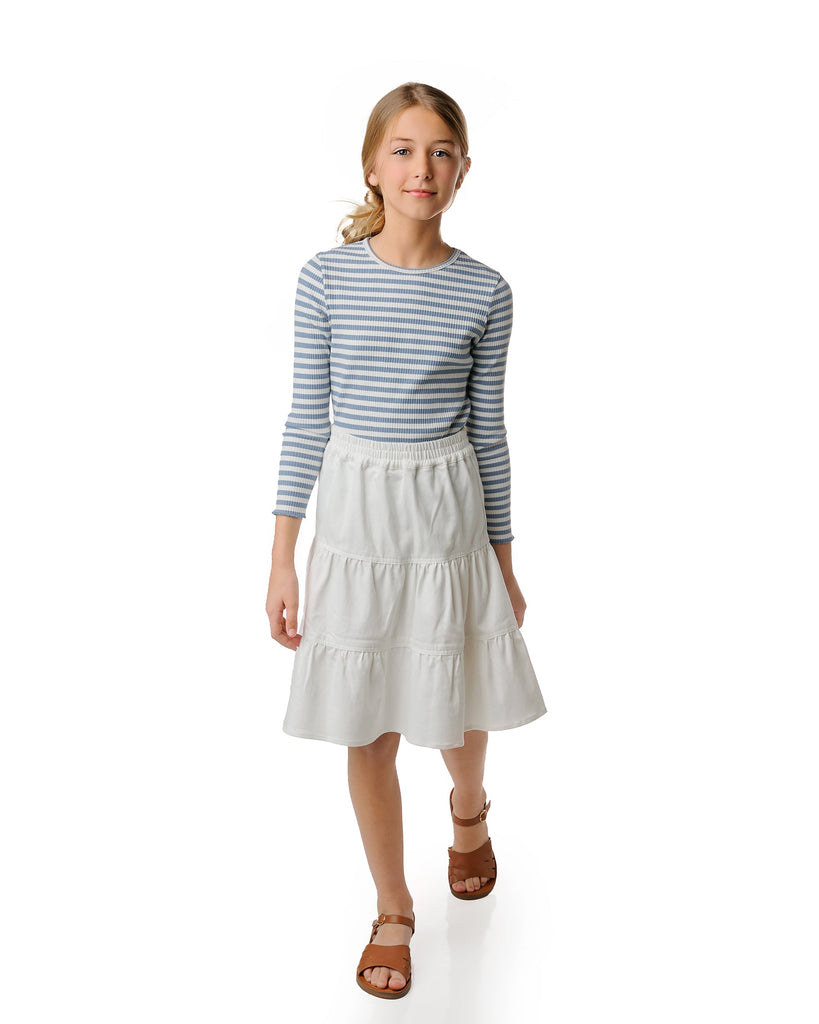 Girls White Denim Tiered Skirt with Shirred Waistband