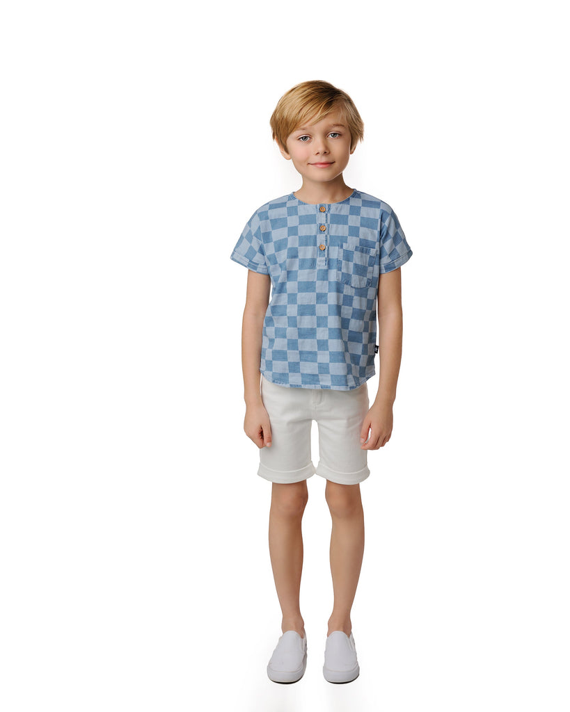 Grid Denim Mandarin Shirt