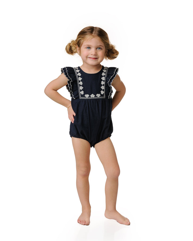 Navy Linen Embroidered Romper