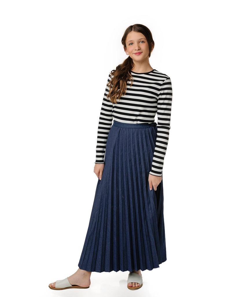 Blue Denim Maxi Pleated Skirt