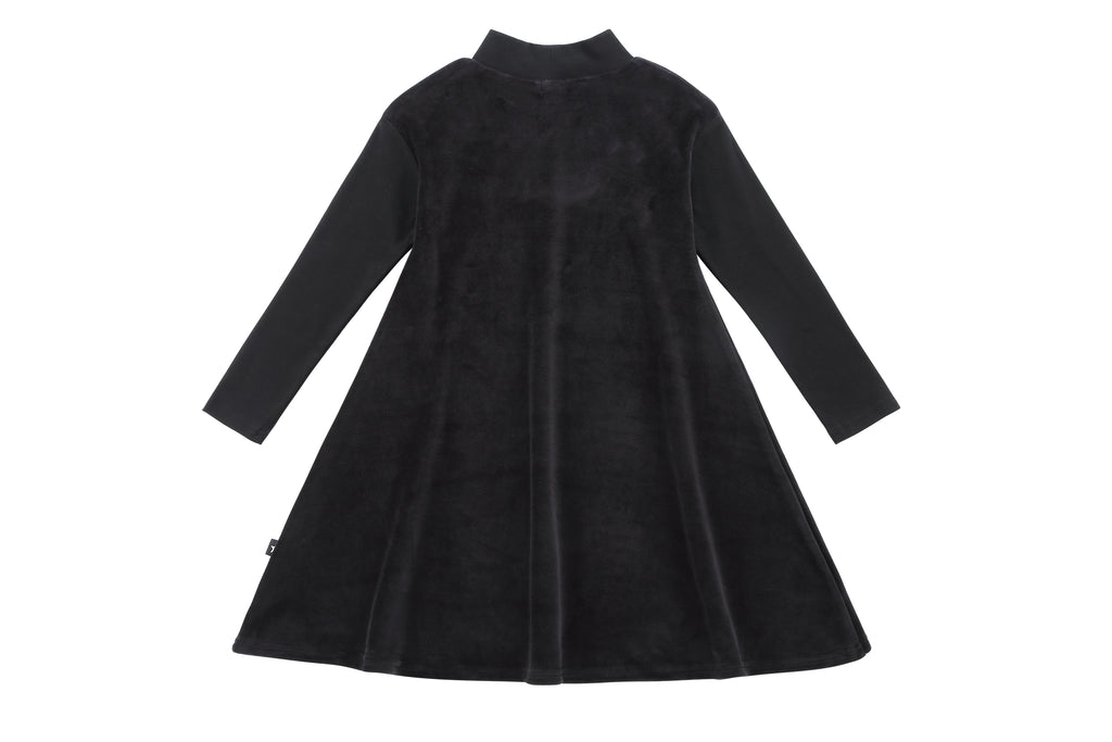 Girls' Black Velour Dress with Ribbed Sleeves