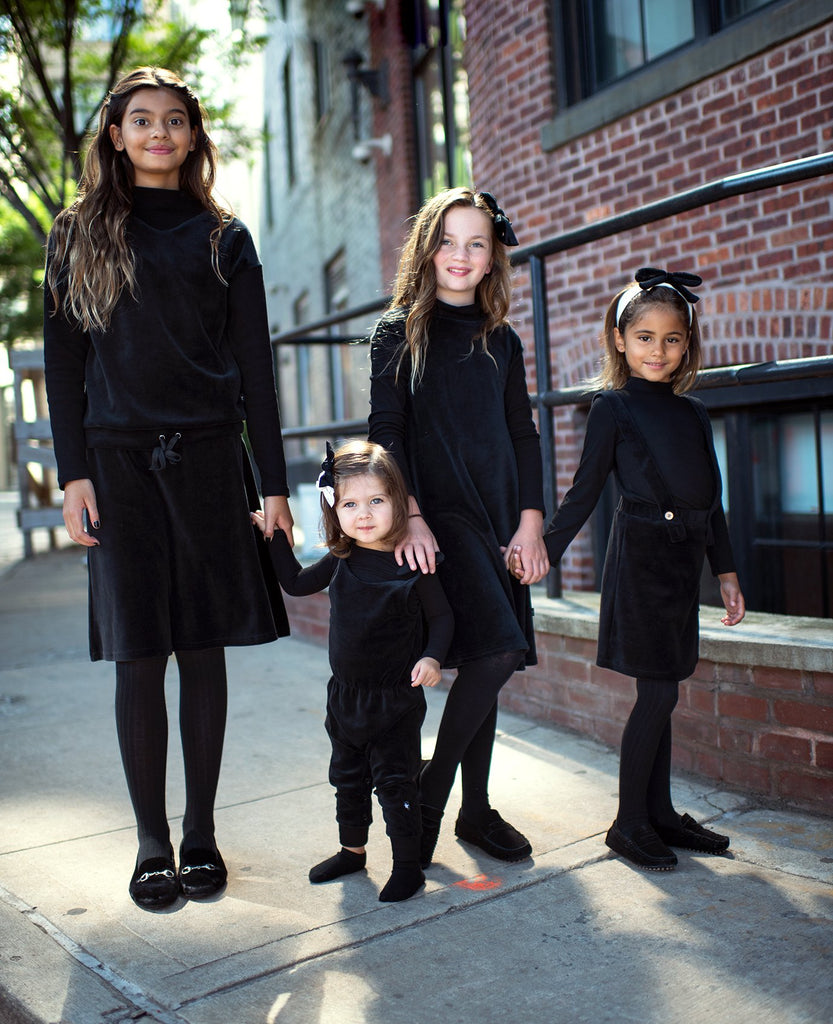 Girls' Black Velour Dress with Ribbed Sleeves