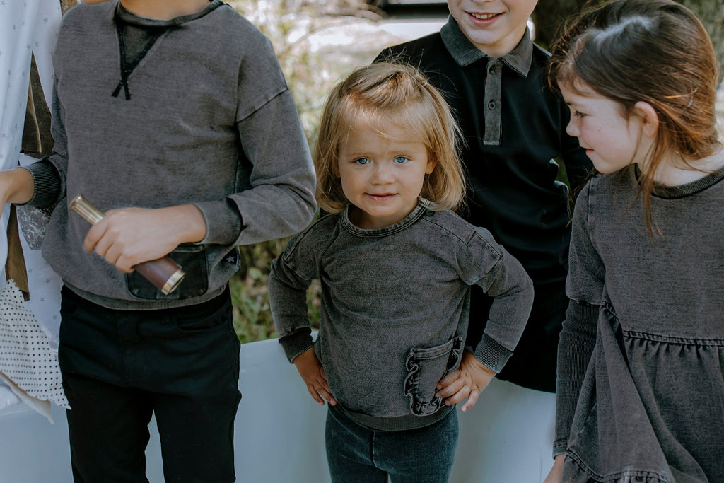 Baby Black Denim Wash Sweatshirt with Ruffle Pocket Detail