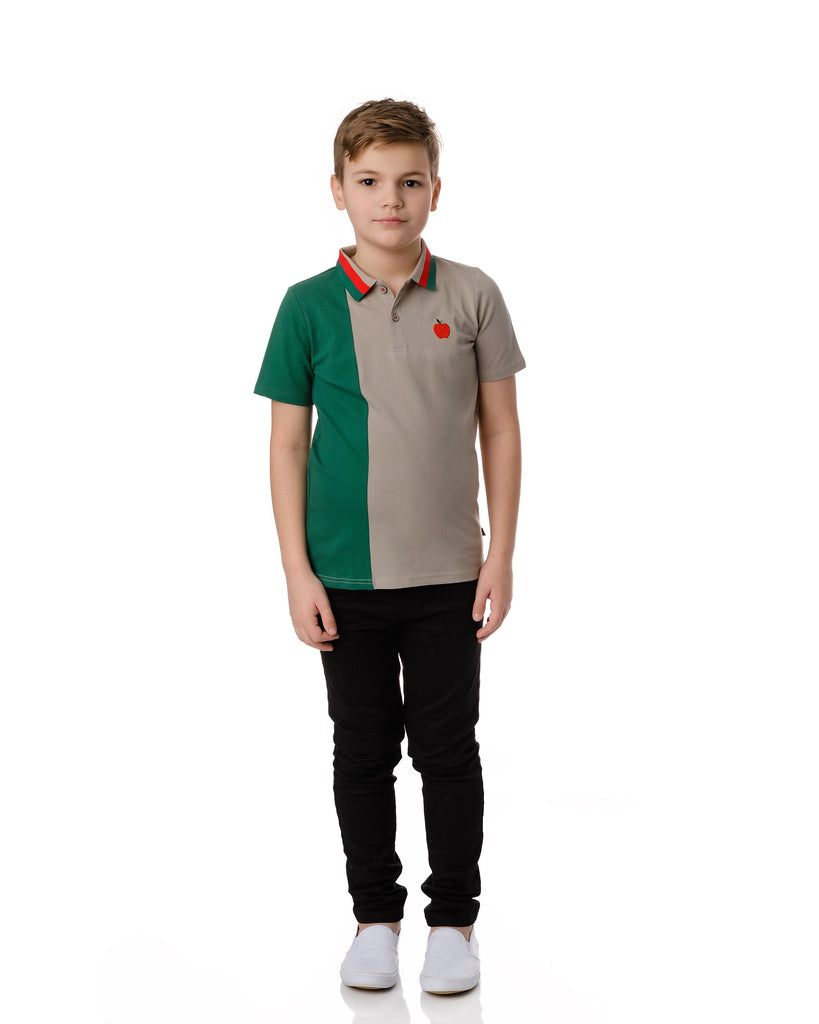 Boys Short Sleeve Green and Taupe Polo with Apple Embroidery