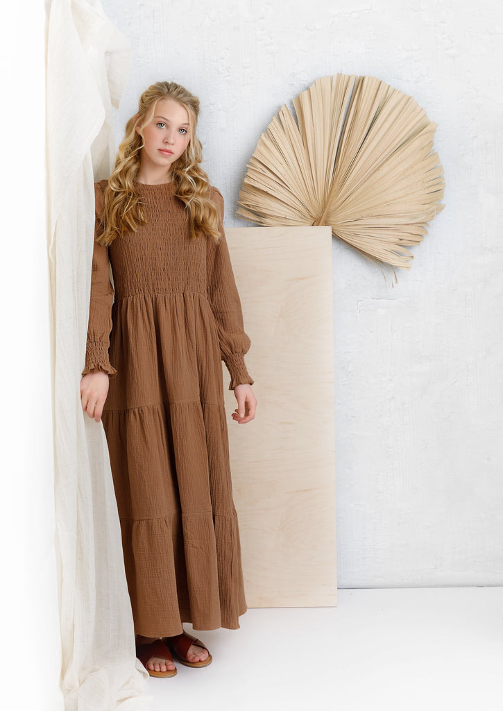 Teens Long Sleeve Camel Tiered Maxi Dress