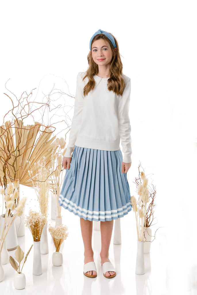 Teens Ice Blue Pleated Skirt with Ivory Ribbon Detail