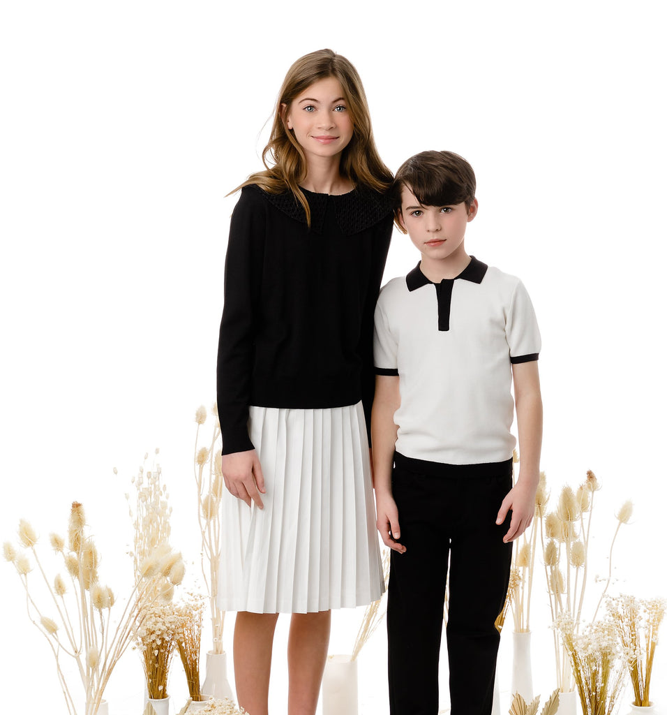 Boys Ivory Knit Polo with Black Accents