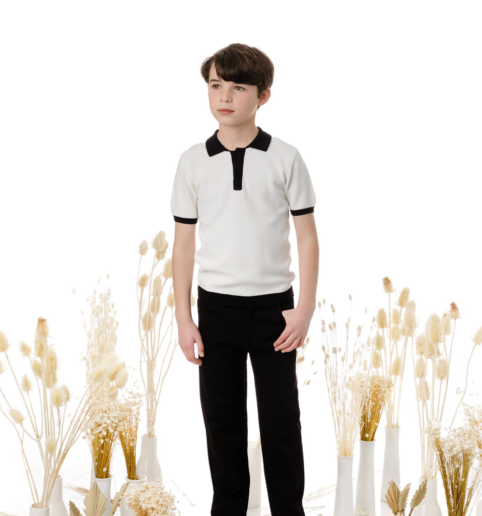 Boys Ivory Knit Polo with Black Accents