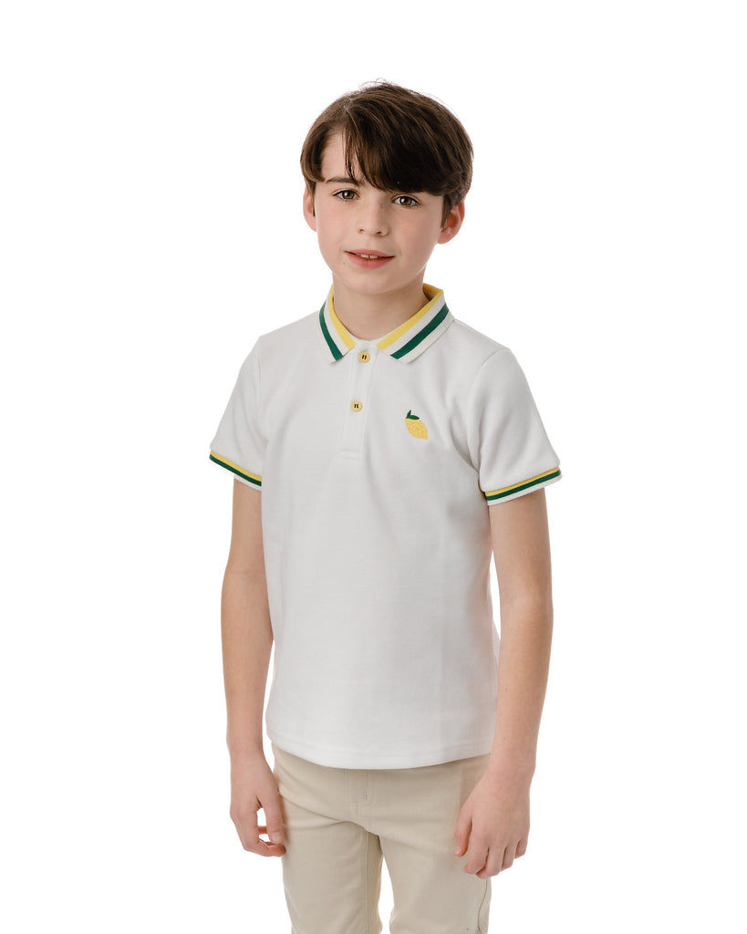 Boys Short Sleeve White Polo with Lemon Embroidery