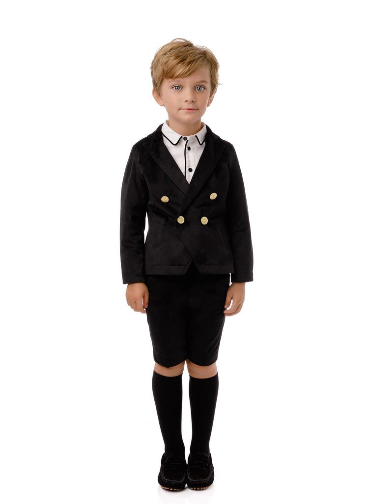 Boys Dress Shorts in Black Velvet with Gold Buttons
