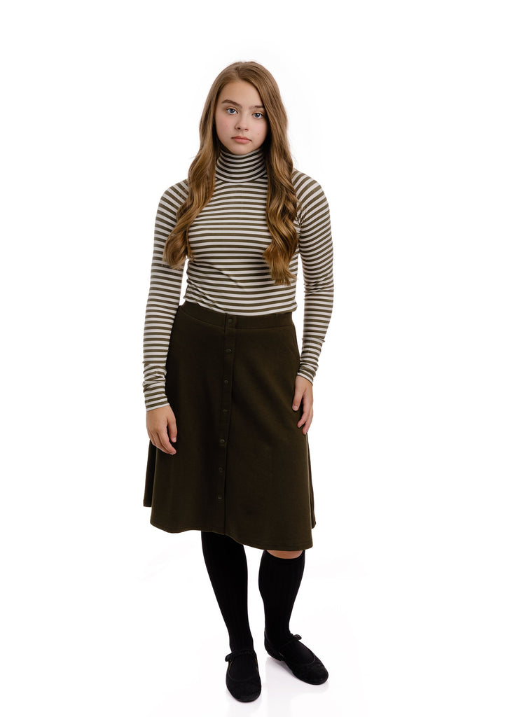 Basic Olive Skirt with Faux Snap Details