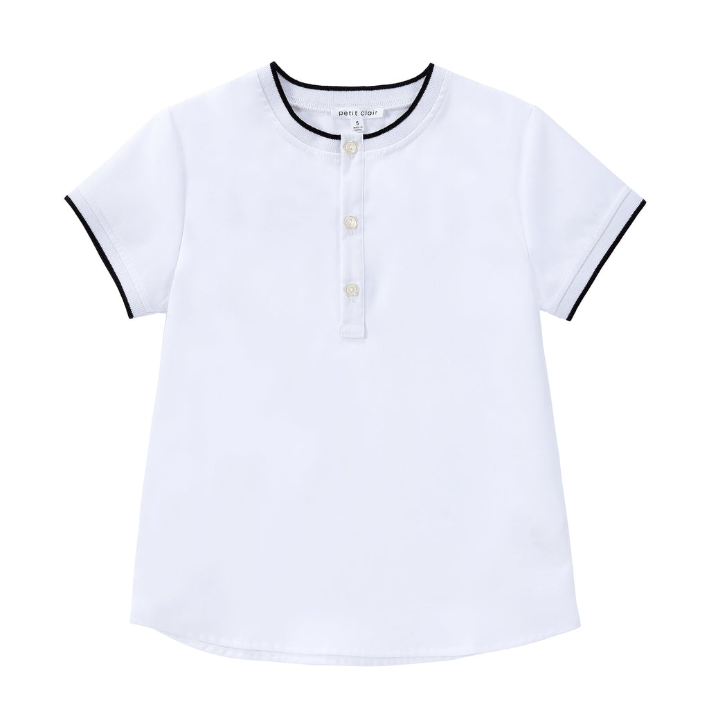 Short Sleeve Mandarin Shirt with Ribbing Detail