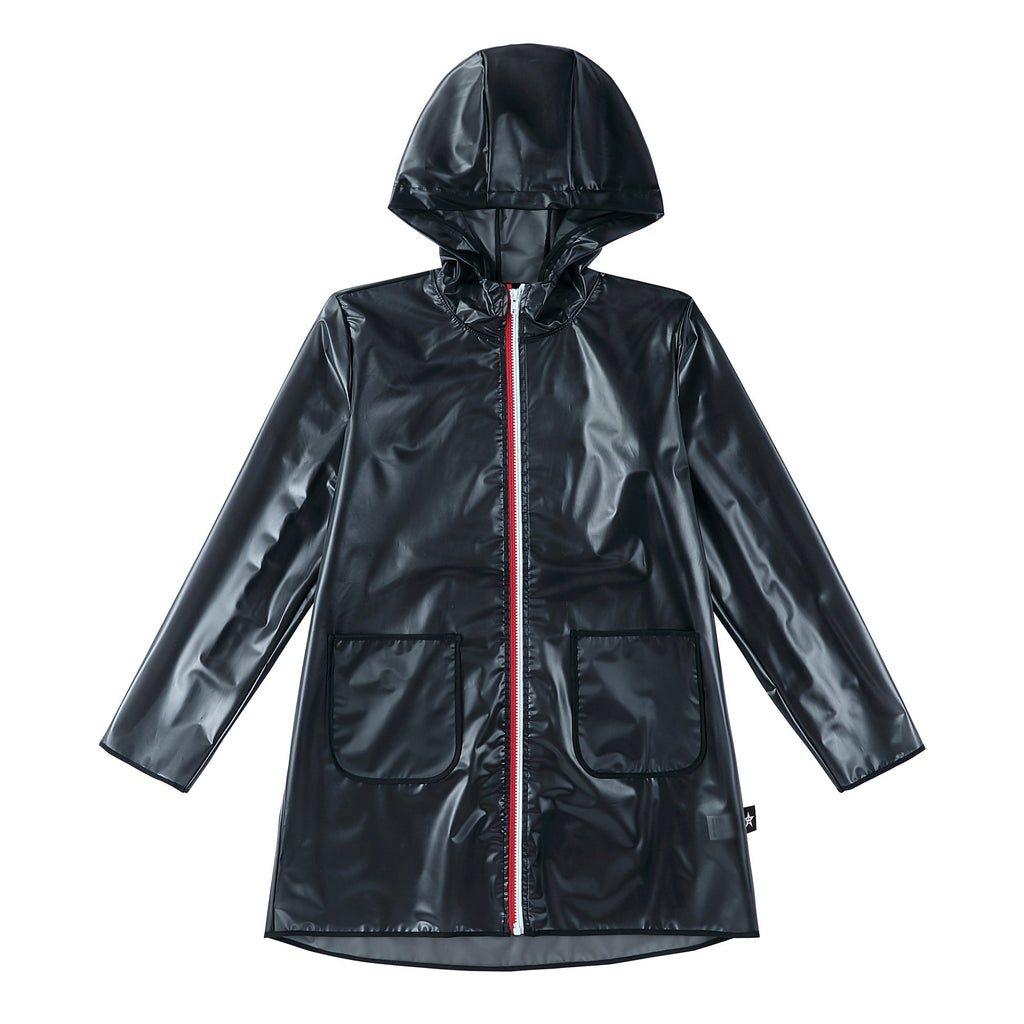 Transparent Black Raincoat with Red Zipper Detail