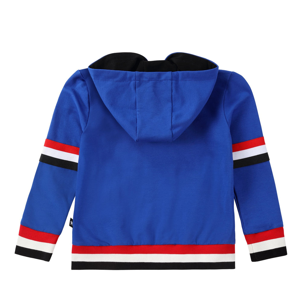 Blue Sweatshirt with Black, White and Red Ribbing