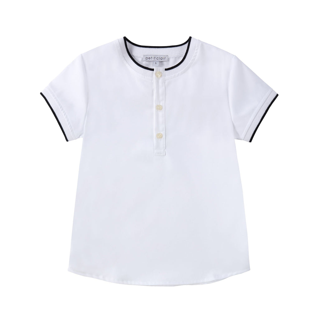 Short Sleeve Mandarin Shirt with Ribbing Detail