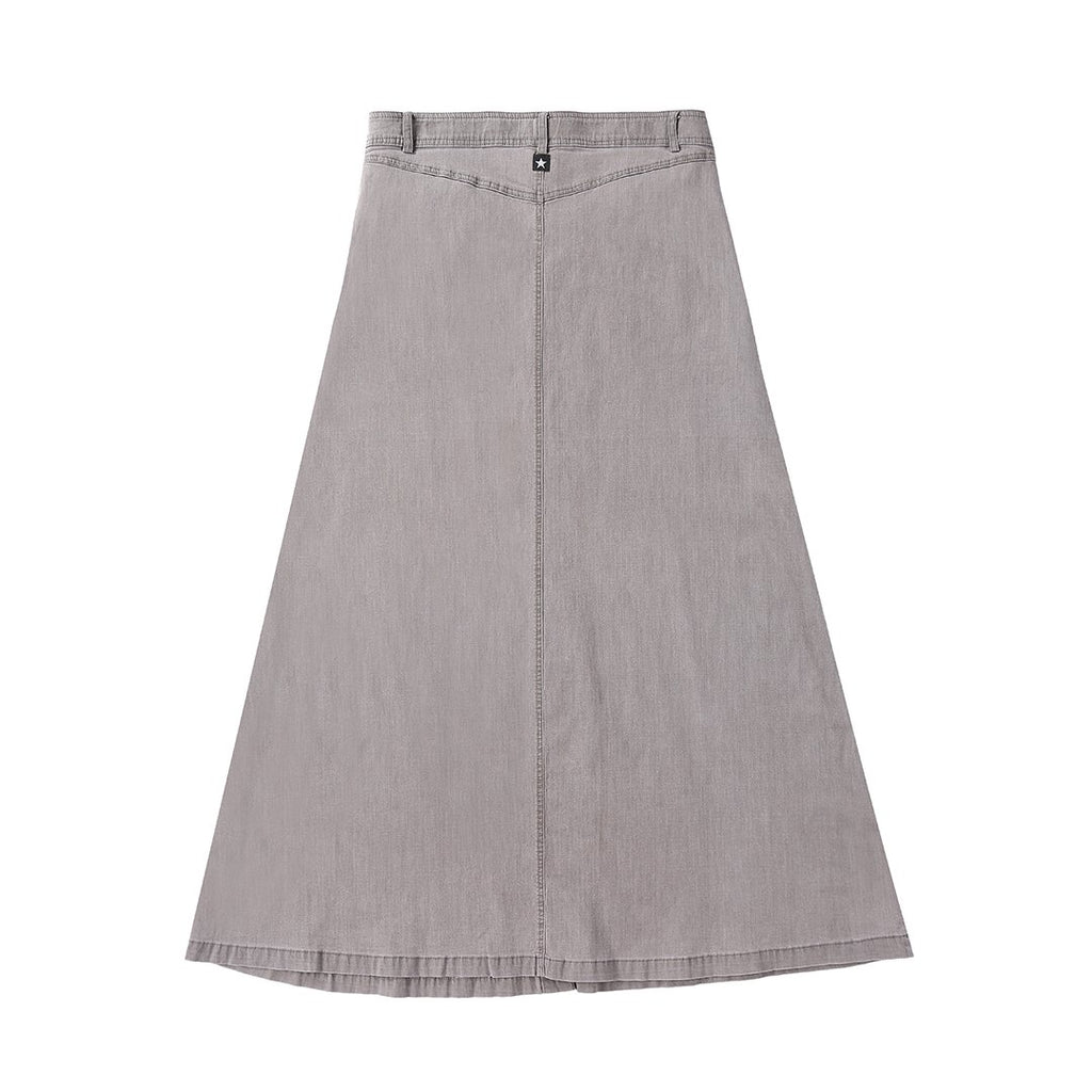 Grey Denim Snap Detail Maxi Skirt