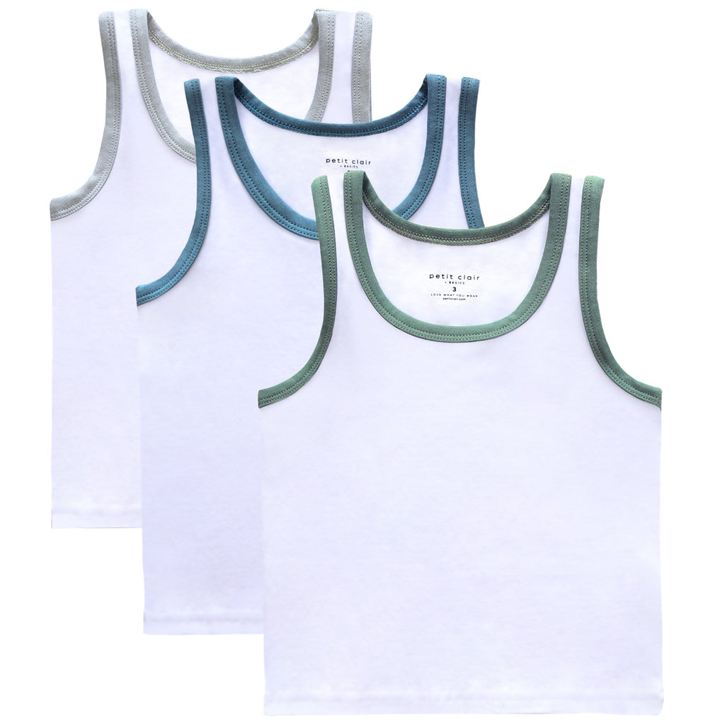 Boy Jersey 3pc Undershirt - White/Trim (Grey,Blue,Sage)