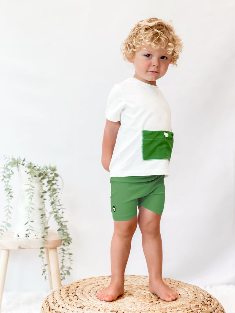 White and Green Tshirt with Toggle Pocket Detail